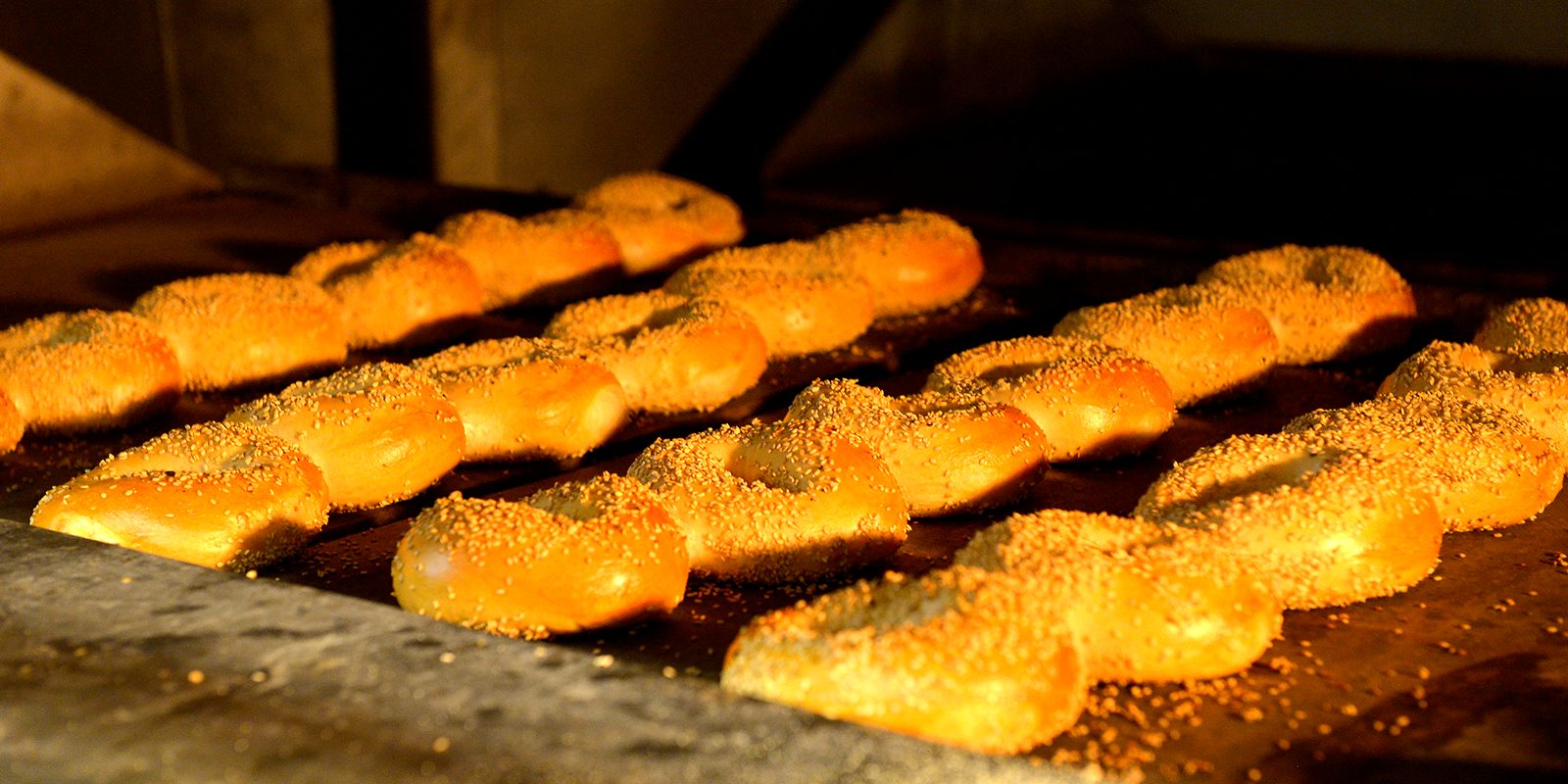 Fresh sesame bagel stix coming out of the oven