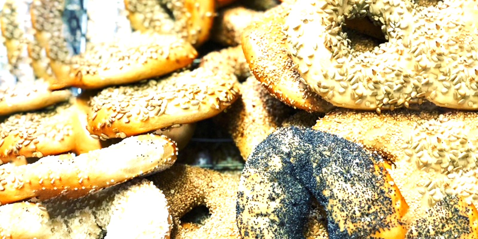 Fresh-baked bagels piled high at Bagel Plaza
